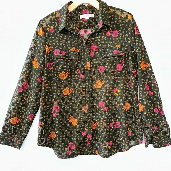 Loft Green Sheer Floral Clip Dot Button Front Top Size Large - Picture 5 of 6